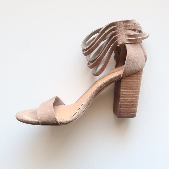 BCBGeneration Cydney Fringe Trimmed Taupe Suede Sandals Block Heels Women Size 6 - Picture 15 of 16